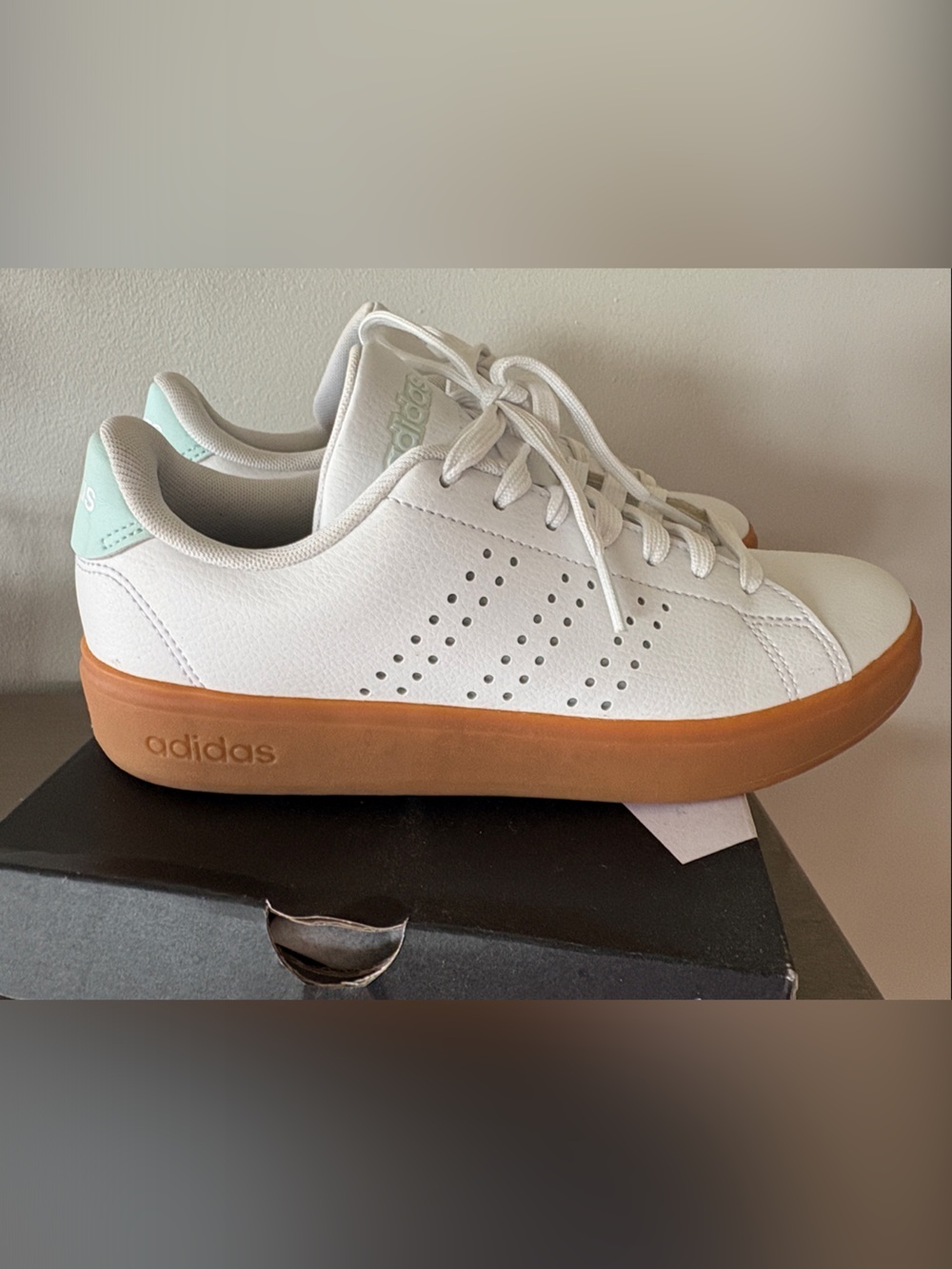 Adidas White Sneakers with Gum-Color Sole and Mint Accents Size 6